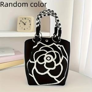 TEMU 여성용 우아한 흑백 플로럴 토트 핸드백, 마그네틱 스냅 잠금장치 및 튼튼한 스트랩 포함 - 넉넉한 수납공간으로 일상용, 여행용으로 적합 - 내구성 있는 폴리에스터, 격식 있는 자리나 캐주얼한 자리에 적합, 여성을 위한 선물