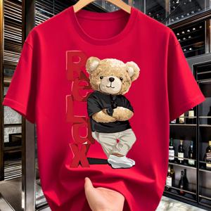 TEMU 편안한 릴랙스 베어 디자인 패턴의 트렌디하고 심플하며 창의적인 남성용 라운드넥 티셔츠, 편안하고 미니멀한 남성 패션 라운드넥 티셔츠