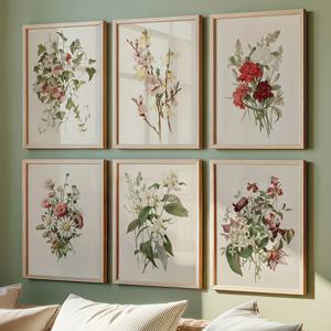 TEMU 2D 플랫, 2D 플랫, 식물과 꽃이 특징인 프레임리스 레트로 벽걸이 그림 6종 세트. 갤러리 스타일 전시회에 완벽합니다. 이 캔버스 포스터는 방과 욕실을 장식하기에 좋으며, 집을 위한 이상적인 창의적인 선물입니다.