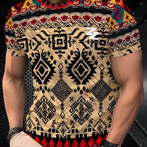 TEMU 남성용 여름 3D 트라이벌 프린트 티셔츠 - 통기성 폴리에스터 캐주얼 스트리트웨어 티셔츠, 여름 페스티벌 & 야간 외출에 적합 - 랜덤 트라이벌 패턴 반팔 라운드넥 티 (세탁기 사용 가능)