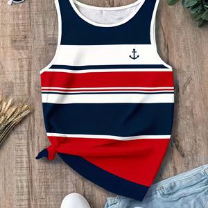 TEMU LUNE 여성용 패셔너블하고 우아하며 편안한 루즈핏 네이비 스타일 탱크 탑, 레드, 블루, 화이트 , 여름철 착용에 완벽