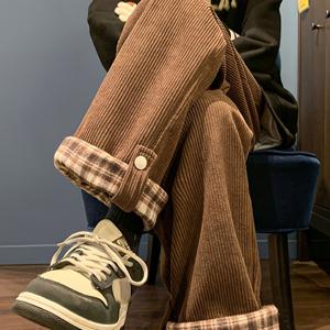 TEMU 미국 스타일 롤업 헴 코듀로이 캐주얼 팬츠 남녀공용, 겨울 트렌디 레그 팬츠, 레이지 스타일 Y 롱 팬츠