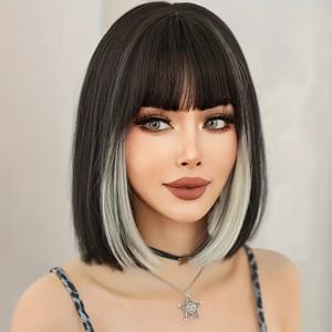 TEMU 드레스업 포포 가발 숏 화이트 하이광택 블랙 가발, 앞머리 포함, 여성용 데일리 파티용, 일상용 가발, 여성 패션