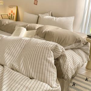 TEMU 모던 커피 브라운 4피스 침구 세트 (이불커버 1개 + 플랫시트 1개 + 베개커버 2개) - 세탁 처리, 고중량 120g, 부드럽고 피부 친화적, 세탁기 사용 가능, 사계절 사용 (이불과 베개솜 미포함)