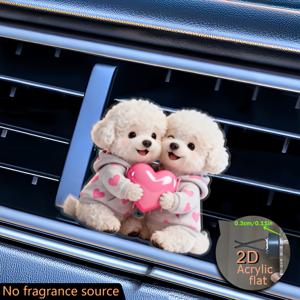 TEMU 2D 평면, 하트를 든 비숑프리제 강아지 두 마리 에어ベント 클립 장식 1개, 