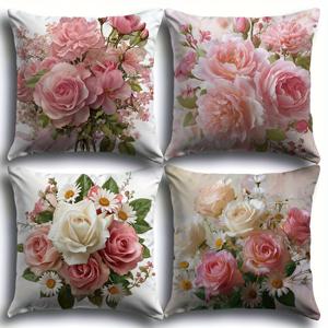 TEMU 봄 꽃무늬 베개 커버 4개 세트 18x18인치/45x45cm 폴리에스터 장미 데이지 장식 소파용 쿠션 커버, 베개솜 미포함 (폴리에스터, 45x45cm, 18x18인치, 베개 커버 4개 포함, 베개솜 미포함)