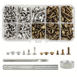 TEMU 120세트 금속 더블 캡 리벳 실버 구리 스터드 라운드 네일 캡 리벳 도구 키트 포함, 가죽공예 수리 DIY 의류 가방 벨트 신발 액세서리용