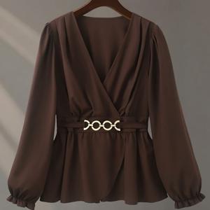 TEMU 플러스 사이즈, 여성용 플러스 사이즈 V넥 긴팔 블라우스 - 비대칭 메탈 버튼 허리 - 캐주얼 & 스마트 셔츠 (봄/가을, 오피스, 쇼핑용) - 플러스 사이즈 탑 (내구성 강한 메탈 버튼, V넥 칼라) - 논스트레치 솔리드 컬러 버튼프론트 디자인