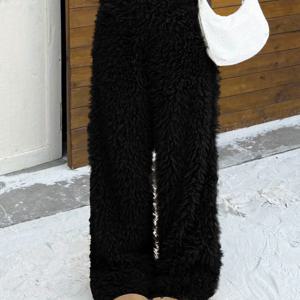 TEMU Y2K 여성 블랙 단색 스타일리시 플러시 컴포트 따뜻한 가을/겨울 홈 Y2K 캐주얼 플러피 와이드 레그 팬츠