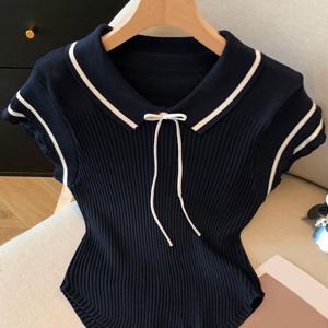 TEMU 우아한 폴로 칼라 반팔 상의 | REZUOFI 한국 스타일, 타이 넥, 플라이 슬리브, 곡선 허리, 여름 컬렉션