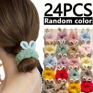 TEMU 24개 랜덤 색상 플러시 토끼 귀 머리띠 | 소프트 플러시 탄성 밴드, 트렌디한 토끼 귀 디자인, 부활절 및 데일리 사용에 적합