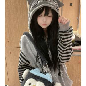 TEMU 2026 여성용 신상 가을겨울 기모 두꺼운 하위문화 캣이어 후드 코트 여성 일본 스타일 귀여운 소프트 걸 후드티 - 일본 스타일 귀여운 악마 고양이 프린트 얇은 스타일 캣이어 후드 코트 여성 달콤한 출근용 후드티