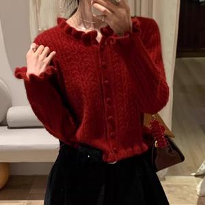 TEMU 여성용 한국 스타일 레드 가디건 스웨터 코트 가을/겨울 레이스 밑단 루즈핏 부드러운 왁스 토퍼