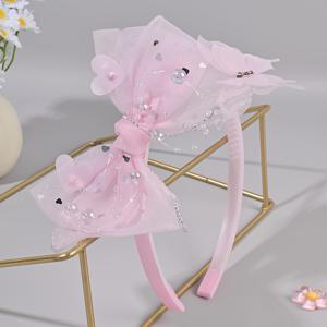 TEMU 1개 달콤한 투명 비즈 하트 스팽글 나비 튤 헤어밴드 - 핑크색 튤 헤어밴드, 무도회 파티용 우아한 헤어 액세서리