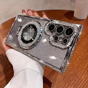 TEMU 휴대폰 케이스 - 폰 커버 - 삼성 갤럭시 S25, S26, S26U, S24, S23 및 S26 울트라 시리즈와 호환되는 반짝이는 장식 전기 도금 커버입니다. 렌즈 보호 필름과 반짝이는 스탠드가 포함되어 있습니다.