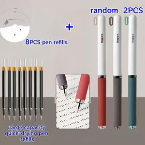 TEMU 고급 빈티지 느낌의 나파 가죽 스타일 사이드 클릭 젤펜 10개 세트 (랜덤 펜 2개 + 리필 8개 포함, 0.5mm 검정 잉크). 편안한 그립감, 부드러운 필기감, 빠른 건조, 브러시형 팁, 세련된 빈티지 디자인. 학생, 사무실, 시험용으로 이상적인 듀얼볼펜