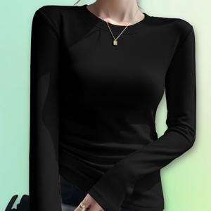 TEMU 여성용 더블사이드 라운드넥 베이스 레이어 탑, 신상 가을/겨울 브러시드 보온 티셔츠, 핏감 좋은 탑