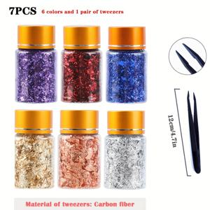 TEMU 금도금 플레이크 6박스, 수지 금박 시트, 페인팅 아트 및 수지 공예용 핀셋 포함 금박 잎사귀 도금 메탈 포일 시트, 네일 아트 (골든, 실버리, 로즈골든, 레드, 블루, 퍼플)