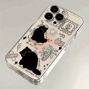 TEMU 아이폰 13/14/15 Pro Max/12/11/16/XR/XS/X/7/8 호환 코코넛 나무와 검은 고양이 일러스트 폰 케이스