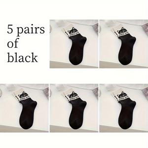 TEMU 여성용 중목 양말 3켤레/5켤레 세트, 사계절 컬러블록 귀여운 캐릭터 고양이 디자인, 칼리지 스타일 롱스타킹