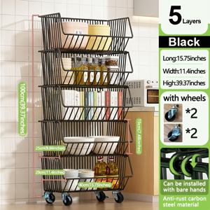 TEMU GDBY 다층 주방 수납 카트 - 5/4/3/2 레이어, 과일 및 채소용 쌓을 수 있는 금속 와이어 바구니, 팬트리, 욕실, 세탁실용 바퀴 달린 모바일 정리함