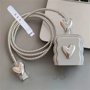 TEMU 실버 전기도금 하트 데이터 케이블 보호 케이스, 아이폰 14/13 프로 맥스용, 아이폰 11 및 12용 절단 방지 풀커버 소프트 케이스