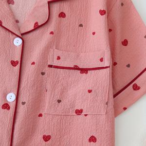 TEMU 여성용 귀여운 멜론 레드 & 하트 프린트 파자마 세트, 캐주얼 반팔 상의와 반바지, 폴리에스터 95% 엘라스탄 5%, 봄/여름/가을용 직조 홈웨어