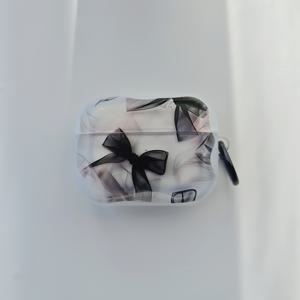 TEMU 귀여운 만화 그라데이션 핑크 및 반투명 디자인, 블랙 리본과 블랙 링이 특징이며, Airpods 1/2/3/4/Pro/Pro2 케이스에 적합합니다. 입체적인 물결 모양과 링 버클이 있습니다.