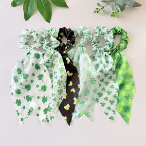 TEMU 여성을 위한 달콤하고 우아한 클로버 프린트 패브릭 헤어 타이 6개 세트, 높은 탄성과 내구성을 갖춘 패셔너블한 포니테일 및 번 헤어 밴드, 리본과 보우 장식, 성 패트릭 데이 파티 의상, 축제 분위기 연출에 적합