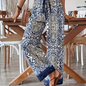 TEMU 우아한 에스닉 스타일 프린트 와이드 레그 팬츠, 드로스트링과 허리 밑단 태슬 장식