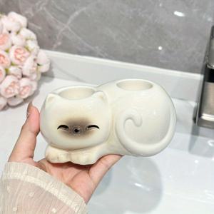 TEMU 고급 세라믹 수건 랙, 세면대용, 전동 칫솔 및 치약 보관에 적합, 고급 시암 고양이 디자인