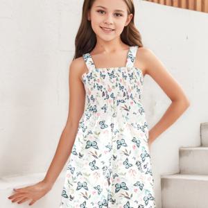 TEMU 여아용 캐주얼 스타일 나비 꽃무늬 민소매 점프수트, 해변 나들이 및 여름 여행용, 야외 활동용