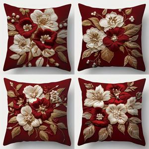 TEMU 4개 세트, 2D 평면 프린팅. 레갈 자수 플로럴 베개커버 세트. 진한 레드 배경에 큰 흰색, 빨간색, 금색 잎사귀의 정교한 자수로 장식. 비실물자수. 사이즈 17.7 x 17.7인치, 베개솜 미포함, 2D 평면