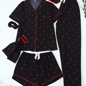 TEMU 여성용 버블 러플 파자마 6피스 세트 (블랙 배경, 빨간 체리)