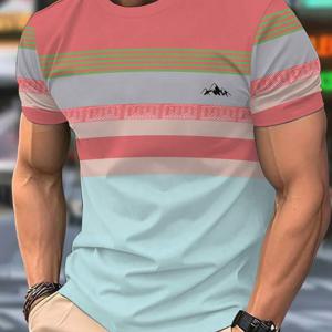 TEMU 남성용 스타일리시 핑크 & 블루 컬러 블록 피쉬 그래픽 티셔츠, 캐주얼 라운드넥 반팔, 세탁기 사용 가능 폴리에스터, 여름 야외 필수 아이템, 내구성 좋은 소재