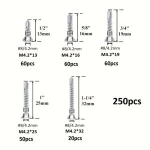 TEMU 250개 M4.2 셀프 태핑 나사 세트, 스테인리스 스틸 납작 머리 십자 나사, 13mm, 16mm, 19mm, 25mm, 32mm 사이즈로 제공, 목공 및 프로젝트에 적합