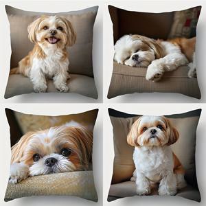 TEMU 4개 세트, 프린트 베개커버, 시츄 강아지 패턴, 혀 내밀기, 자는 등 다양한 표정의 강아지 디자인. 애완동물 애호가에게 적합하며 귀여운 느낌을 더해줍니다. (베개솜 미포함)