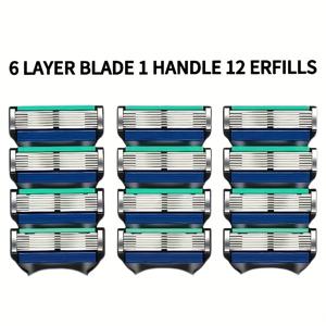 TEMU 12개입, 남성용 면도날 교체 부품, 남성용 수동 면도날 헤드, 6중 스테인리스 스틸 안전 면도기 (피부 보호 시스템 포함), 남성용 데일리 클래식 면도 도구, 교체 가능한 면도날, 면도날 교체 팩