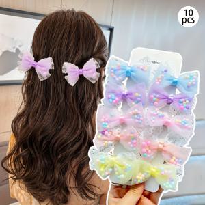 TEMU 여아용 달콤한 캔디 컬러 튤 리본 헤어 클립 10개 - 구슬 장식이 있는 멀티 컬러 레이스 머리핀, 일상복, 파티 및 선물용으로 완벽, 파티 헤어 액세서리 | 캔디 컬러 리본 | 폴리에스터 리본