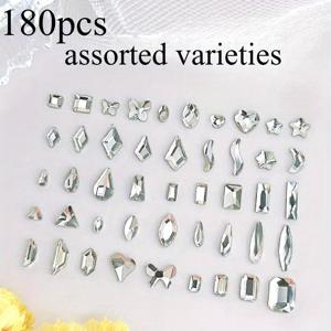 TEMU 네일 아트, 발 및 손 장식용 혼합 모양(아이렛, 물방울, 하트, 나비, 사각형) 180개 화이트 플랫 바닥 불규칙 네일 라인스톤 - 반짝이는 네일 액세서리, 매니큐어 강화 | 생동감 넘치는 라인스톤 장식 | 고품질 스톤, 네일 아트 용품