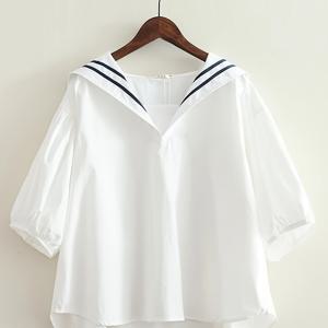 TEMU 2025 여름 신상 대학생 스타일 반팔 셔츠 여성 네이비 칼라 셔츠 루즈핏 벨리 탑