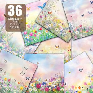 TEMU 날아다니는 나비와 함께하는 봄 꽃밭, 야생화, 부드러운 햇살, 스크랩북 종이, 수제 종이, 레트로 일기장에 적합한 재료 종이, 수제 인사말 카드용 배경 매트, 쓰레기 일기장 배경 카드 매트, 인사말 카드 제작 배경 장식 및 기타 장면 사양: 5.9*5.9인치 36매