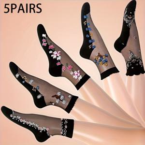 TEMU 혼합 색상 5켤레 유리 미드튜브 양말 - FJ - 여성용 미드튜브 스타킹 봄/여름 얇은 자수 유리 여성 양말