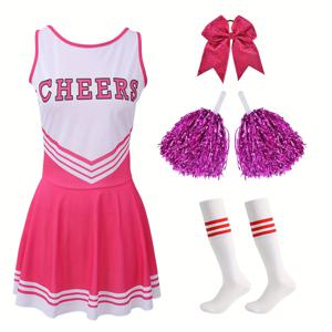 TEMU 여성용 핑크 체어리딩 의상 6종 세트 (리본 곱창, 체어 폼폼, 양말 포함), 뮤지컬, 할로윈 행사, 스포츠 경기, 야외 쇼에 적합