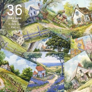 TEMU 36장 스크랩북 용지 - 파스텔 컬러의 시골 코티지 풍경 (머트 그린, 블루, 옐로우, 레드) - 대형 6x6인치 - 빈티지 팜하우스 디자인 12종 - 스크랩북, 카드 만들기, 저널, 초대장용 - 시골풍 스타일 크래프트 용지, 평화로운 디자인