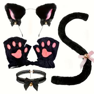 TEMU 5개 귀여운 고양이 역할 놀이 세트 | 헤어밴드, 장갑, 목걸이, 검은색과 흰색 고양이 장식의 꼬리 포함 | 동물 테마 파티 및 고급스러운 발렌타인데이 선물로 완벽