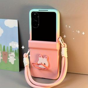TEMU 갤럭시 Z 플립7, 갤럭시 Z 플립6, 갤럭시 Z 플립5, 갤럭시 Z 플립4, 갤럭시 Z 플립3용 힌지 사이드 버클 + 대비 컬러 3D 토끼 스탠드 + 캐리링 스트랩 휴대폰 케이스