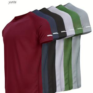 TEMU 반사 스트라이프가 있는 남성용 프린트 퀵 드라이 스포츠 티셔츠 6종 세트. 통기성이 좋고 속건성의 반팔 디자인으로, 헬스장 운동 및 러닝에 적합합니다.