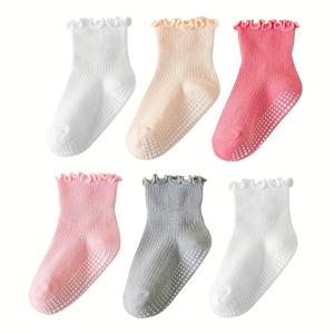 TEMU 여아용 아기 양말 6켤레 - 미끄럼 방지 도트 양말, 귀여운 미끄럼 방지 디자인, 걸음마를 위한 러플 엣지