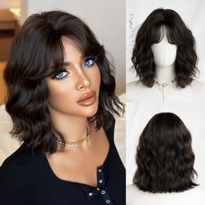 TEMU NAMM 할로윈 코스튬 가발 짧은 바디 웨이브 다크 브라운 보브 가발 여성용, 커튼 뱅이 모양의 우아한 패션 중간 머리 가발, 고밀도 합성 섬유, 트릭 오어 트리트용 블랙 티 헤어, 초보자에게 적합